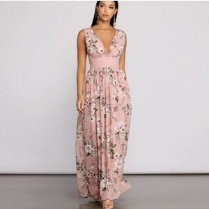 Windsor Floral Chiffon Maxi Dress • Plunging V-Neckline, Crochet Lace Formal